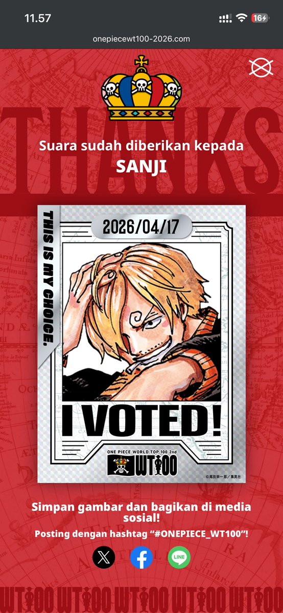 Voting Popularitas Karakter ONE PIECE Global ke-2

Saya telah memilih “SANJI”!
onepiecewt100-2026.com/id/vote/share/…

#ONEPIECE #ONEPIECE_WT100 <a href="/Eiichiro_Staff/">ONE PIECE スタッフ【公式】/ Official</a> 
 46 days in a row voting for SANJI