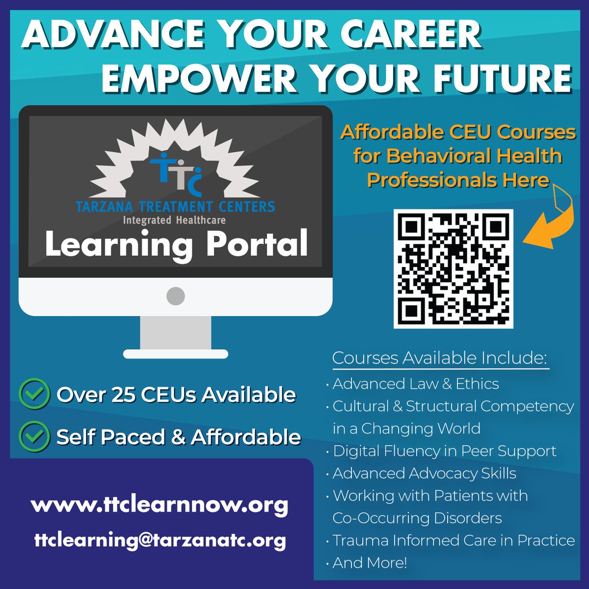 TarzanaTC's tweet image. Advance your career. Empower your future.

TTC's Learning Portal offers affordable CEU courses for behavioral health professionals. Perfect for LMFTs, LCSWs, Peer Support Specialists, Nurses &amp;amp; more

ttclearnnow.org

#ContinuingEducation #BehavioralHealthCareers