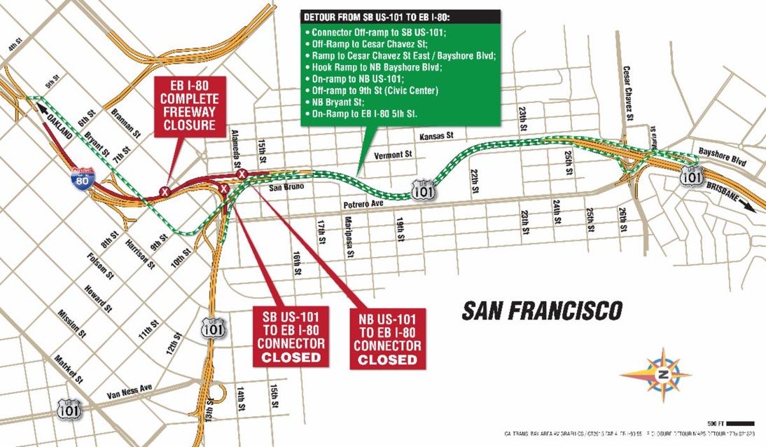 ElaineLeung4's tweet image. SF #CLOSURE: The EB 80 Skyway will be CLOSED for rdwrk btwn the 80/101 Split &amp;amp; 4th St starting at 11PM until Mon 6AM.

Both ramps from 101 (SB Central Fwy &amp;amp; NB 101) will be #CLOSED…

Drivers last detour from 101 is Vermont St.

#SF #BayArea #traffic #TotalTraffic #TotalTrafficSF
