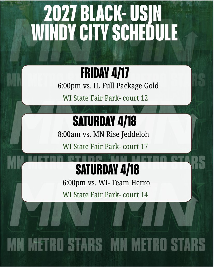 MnMetroStars's tweet photo. Good luck 2027 Black, 2028 Black, 2029 Black, and 2032 Black at USJN Windy City Classic this weekend! 

📍 Milwaukee, WI https://t.co/IrsmMLt9FL