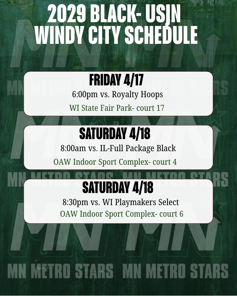 MnMetroStars's tweet photo. Good luck 2027 Black, 2028 Black, 2029 Black, and 2032 Black at USJN Windy City Classic this weekend! 

📍 Milwaukee, WI https://t.co/IrsmMLt9FL