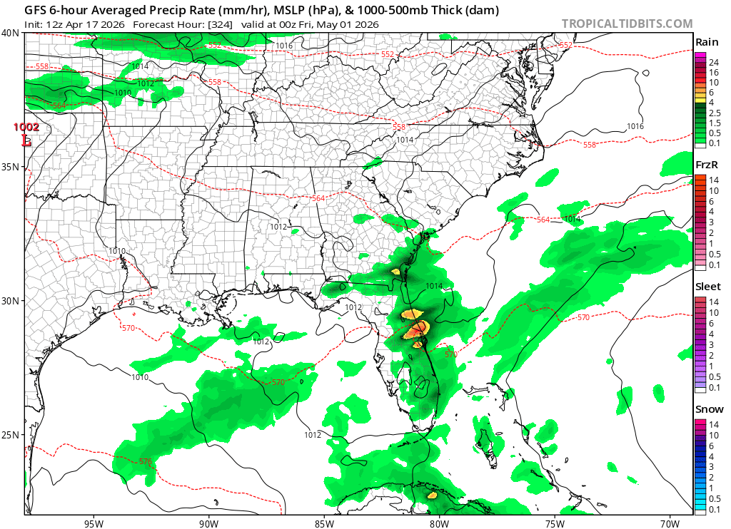 flimpct's tweet image. Right on schedule.

Starting to see a little more moisture work back in, and the setup looks a bit more favorable for seabreezes to do their thing again as we head into May.

Nothing overly impressive, but enough there for a few afternoon storms to try and get going — mainly