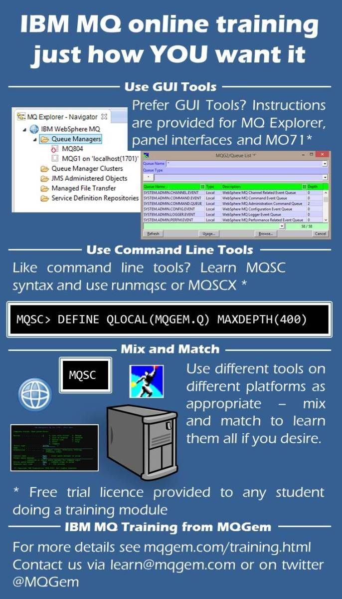 MoragHughson's tweet image. Get your #IBMMQ #training just how you want it. Learn using the tool(s) of YOUR choice. mqgem.wordpress.com/2018/05/01/tra…
MQSC (using #MQSCX if you prefer); #MQExplorer; ISPF Panels on #IBMz; 5250 CL Panels on #IBMi; and #MO71.