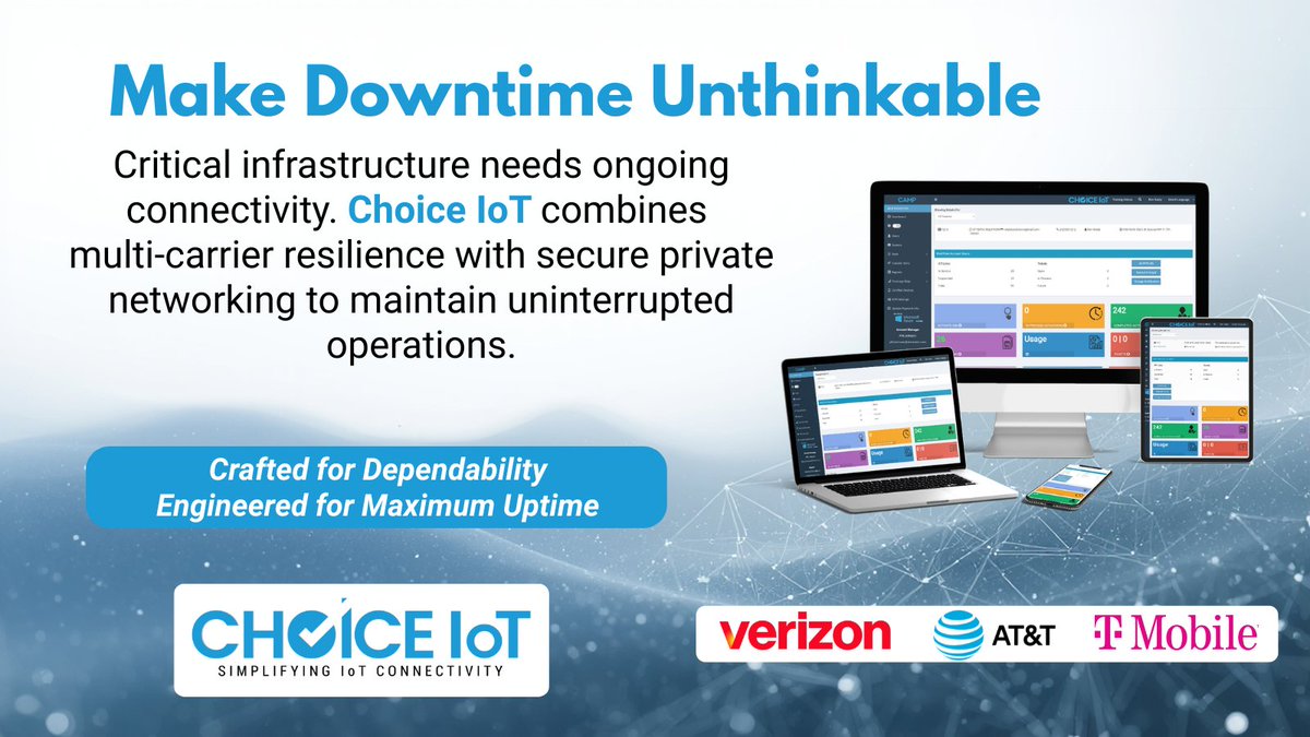ChoiceIoT's tweet image. @ChoiceIoT delivers reliable, uninterrupted connectivity for critical infrastructure with multi-carrier resilience and secure private networking.
Learn more at hubs.ly/Q04cw4C30
#tmobile #verizon #att #multicarriersim #iotsim #choiceiot