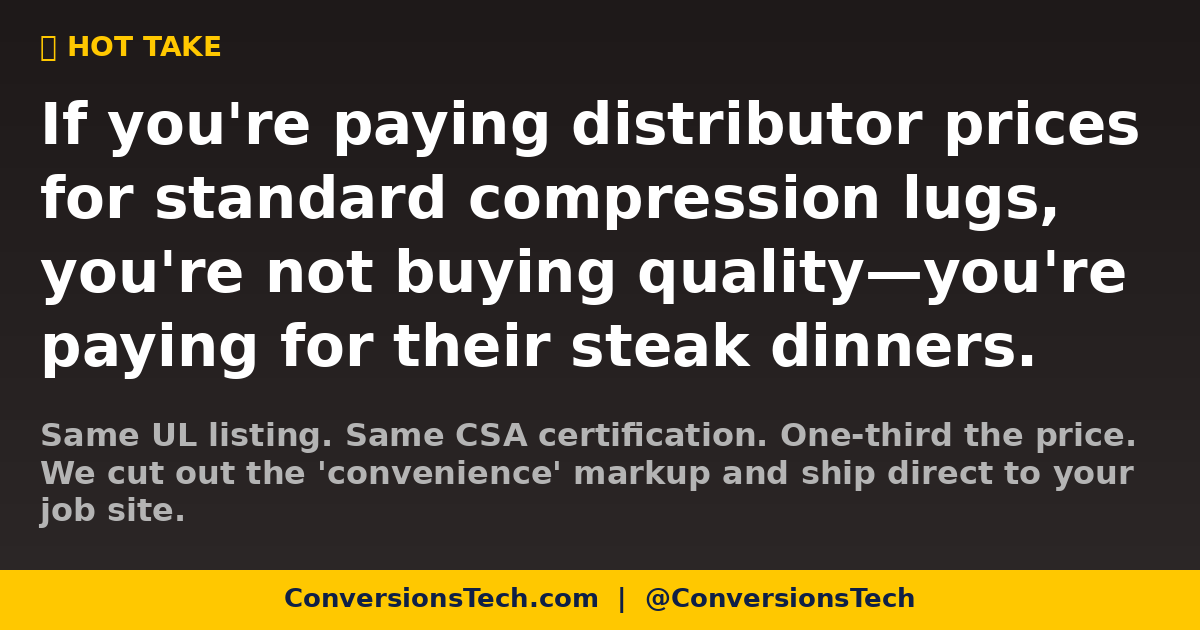 ConversionsTech's tweet image. Your distributor isn't 'adding value' with a 400% markup on the same UL-listed lug. They're adding yacht payments. #ElectricalContractor #PricingTruth