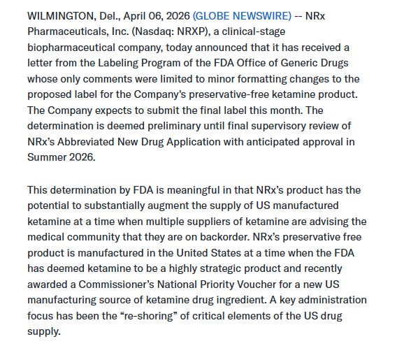momostockspick's tweet image. NRx Pharmaceuticals (Nasdaq: $NRXP) Announces FDA Labeling Alignment for NRx’s Preservative-Free Ketamine Application April 6, 2026 finance.yahoo.com/sectors/health…  #nasdaq #stocktowatch