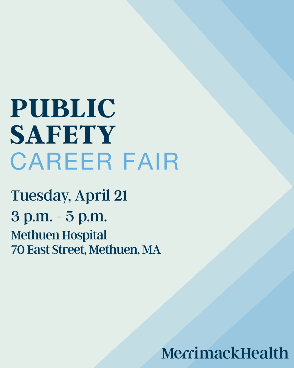 MerrimackHealth's tweet photo. Join us for a Public Safety and Security Career Fair at Methuen Hospital on Tuesday, April 21 from 3 to 5 p.m.

Enter through the main entrance when you arrive. 

Learn more and apply here: https://t.co/BjcYEzUcWi

We look forward to seeing you there! https://t.co/YVQ1lot5NQ