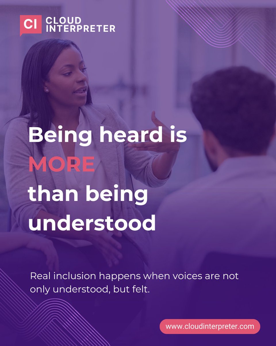 CInterpreter_'s tweet photo. Being heard is more than being understood.

Too often, communication stops at words, missing the meaning and intent behind them. Real inclusion happens when every voice is truly felt, not just translated.

#LanguageAccess #Inclusion #Accessibility #DEI #EffectiveCommunication https://t.co/WKGtRjpaz9
