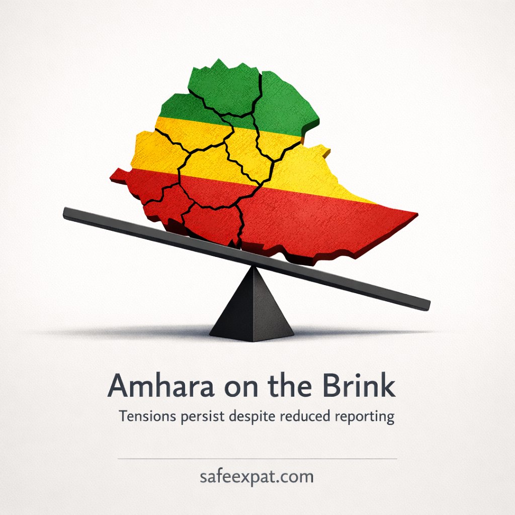 🇪🇹 Ethiopia: Security tensions persist in Amhara region despite lower reporting. Sporadic clashes and military operations continue, with movement restrictions and access limitations. Risk of sudden escalation remains for travelers and NGOs. #Ethiopia #Amhara #SecurityRisk #Travel