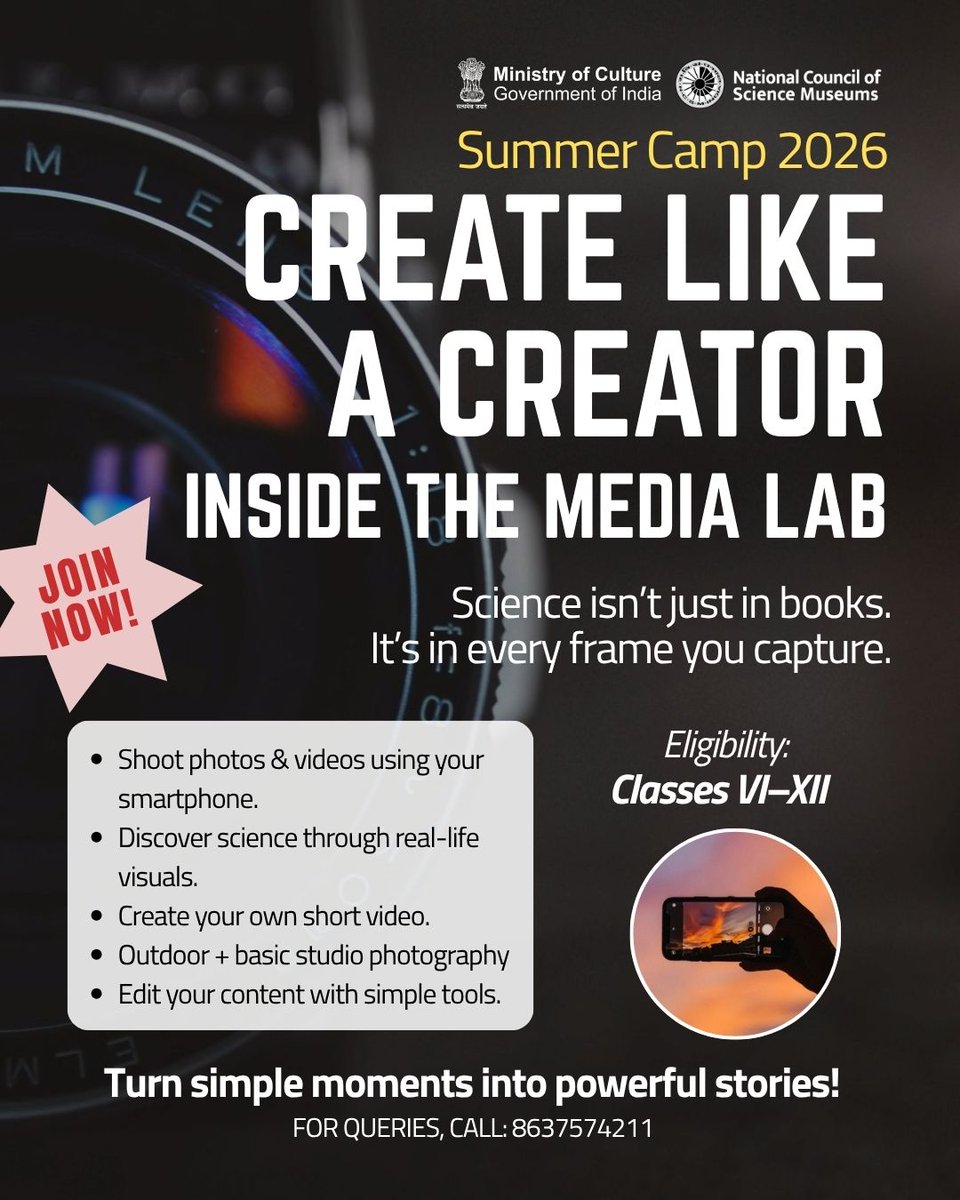 dscpurulia's tweet photo. Explore light, motion & storytelling at Media Lab, organised by @dscpurulia.
🗓️ 29 May – 1 June 2026
👉 Join Summer Camp 2026
📞 8637574211
#DSCPurulia #ScienceCamp #MediaLab #SummerCamp2026 https://t.co/CgE3DMFTcS