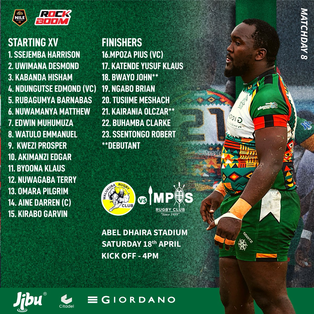 ImpisRFC's tweet image. 🚨TEAM SHEET ANNOUNCEMENT 

©️ Aine Darren leads the boys to Jinja 🔥 

Uwimana Desmond is back in the squad, joining Ssejemba Harrison &amp;amp; Kabanda Hisham in the front row. 

Byoona Klaus named at the left wing⚡️

Kairania Olczar makes his debut.

#ugandarugbypremiership
#ARROGANCE