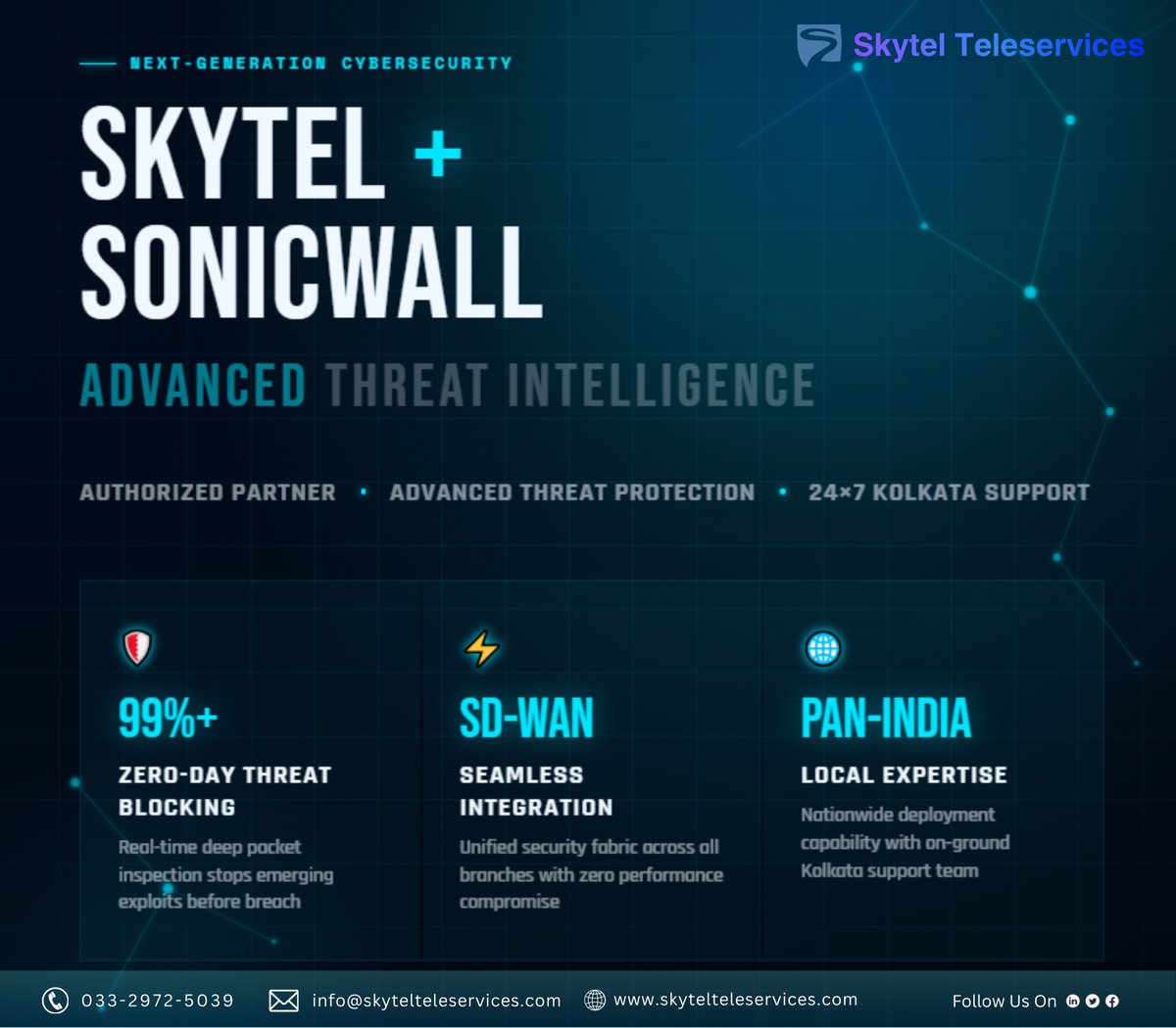 skytel_social's tweet image. As a
@SonicWall
partner, we deliver next-gen #firewall protection to keep Indian enterprises ahead of evolving threats. From Kolkata to pan-India—advanced threat intelligence, seamless SD-WAN &amp;amp; 24×7 local support.  DM for consultation. #CyberSecurity #SkytelTeleServices