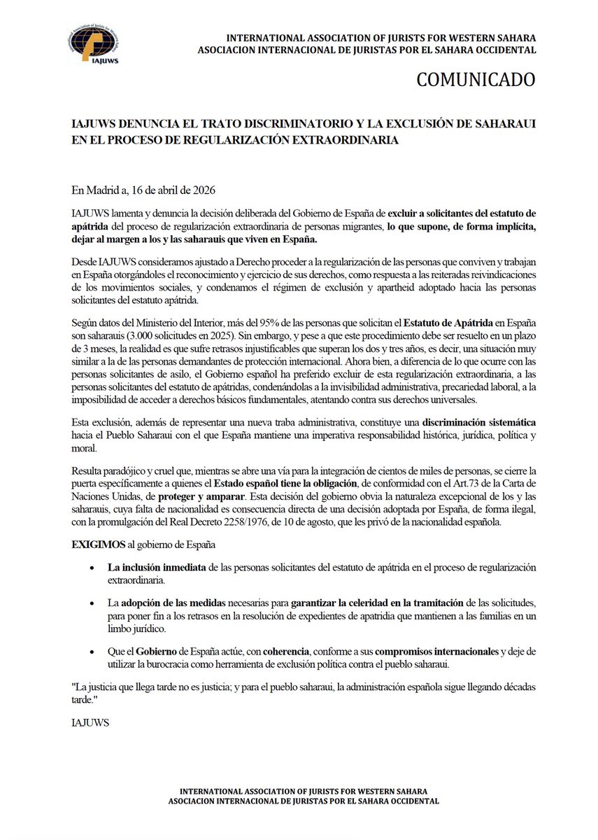 Denunciamos el trato discriminatorio que el Gobierno de España tiene hacia la diáspora saharaui. La exclusión de solicitantes de apátridas de la #regularizacionextraordinaria no es accidental, pues está inserta dentro una lógica de borrado e invisibilización de este pueblo.