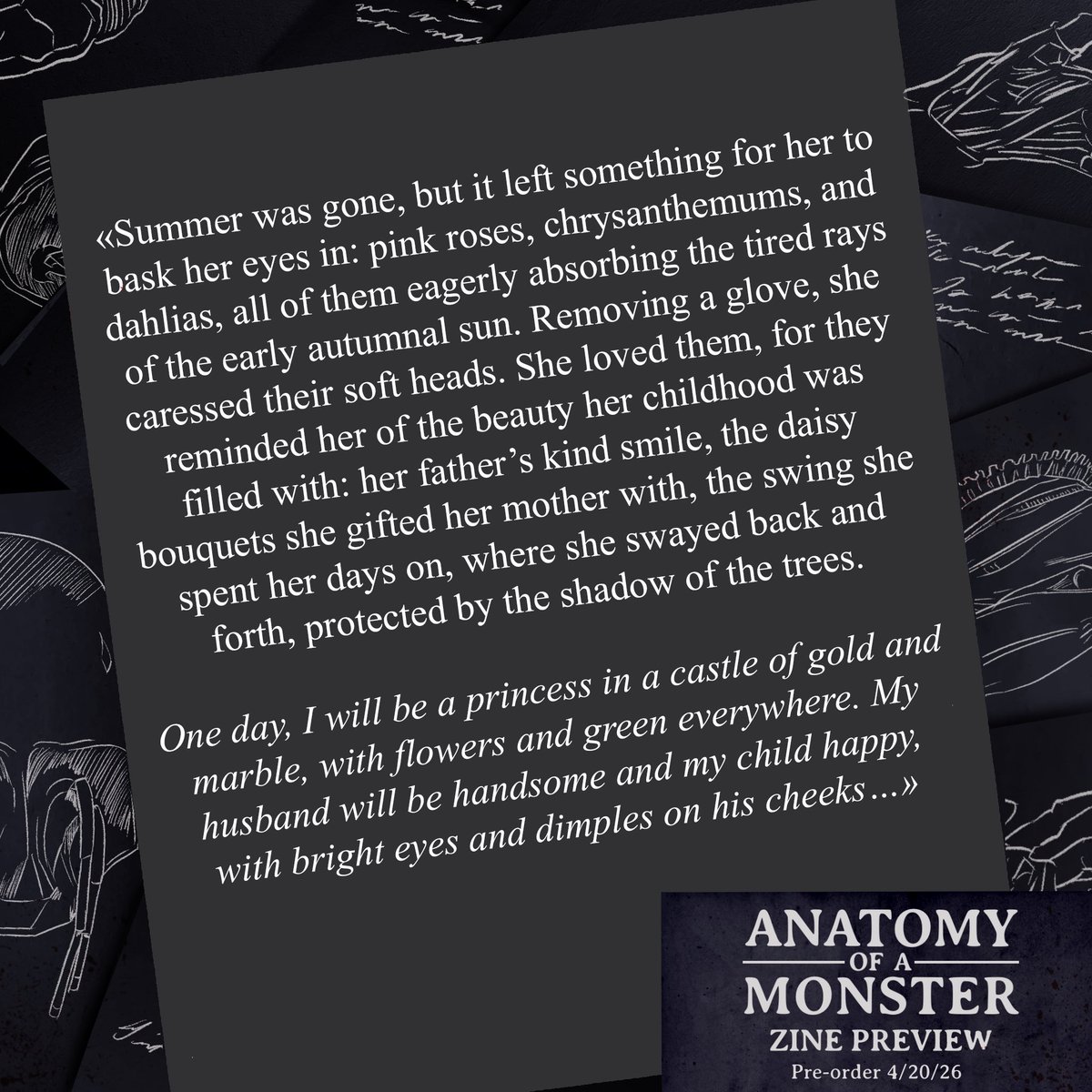 frankenzine's tweet image. 🍁 there is just a few more days before preorders for ANATOMY OF A MONSTER open! We’re so excited to share our monsterous work with you! Here is a writing preview from the ever talented Artanis!

#Frankenstein #GDTFrankenstein #GuillermodelToro #Fandomzine #Zine