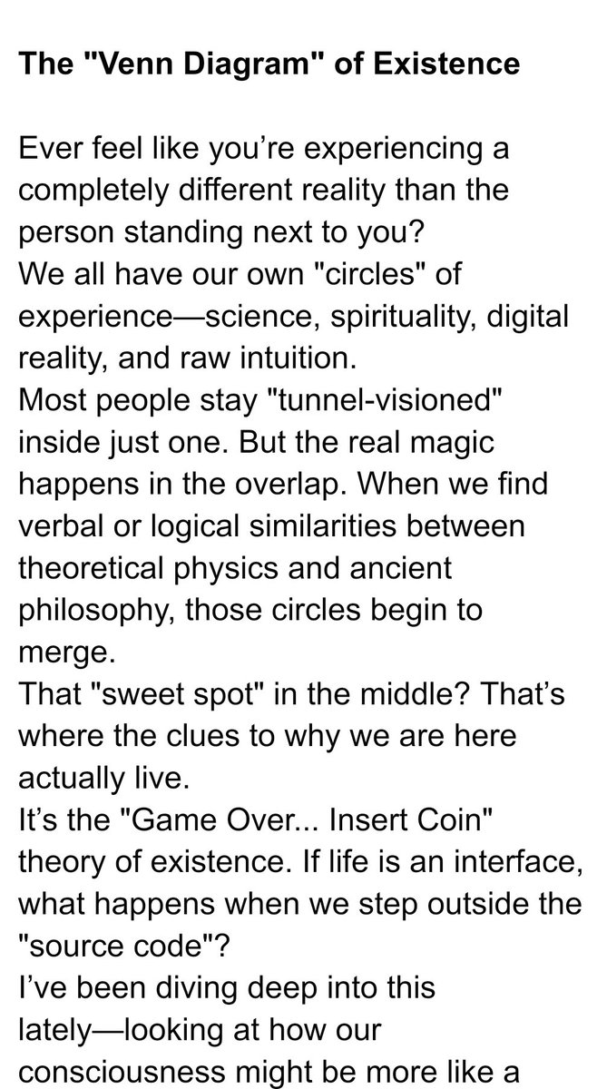 PerceptionsTod1's tweet photo. The "Venn Diagram" of Existence
​Ever feel like you’re experiencing a completely different reality than the person standing next to you?
#Panpsychism, #Metaphysics, #Consciousness, #Nietzsche, #Matrix, #SourceCode, #GameOver, #GlitchInTheMatrix, #DigitalAge #EverythingIsConnected https://t.co/Xa9RqBJrBy