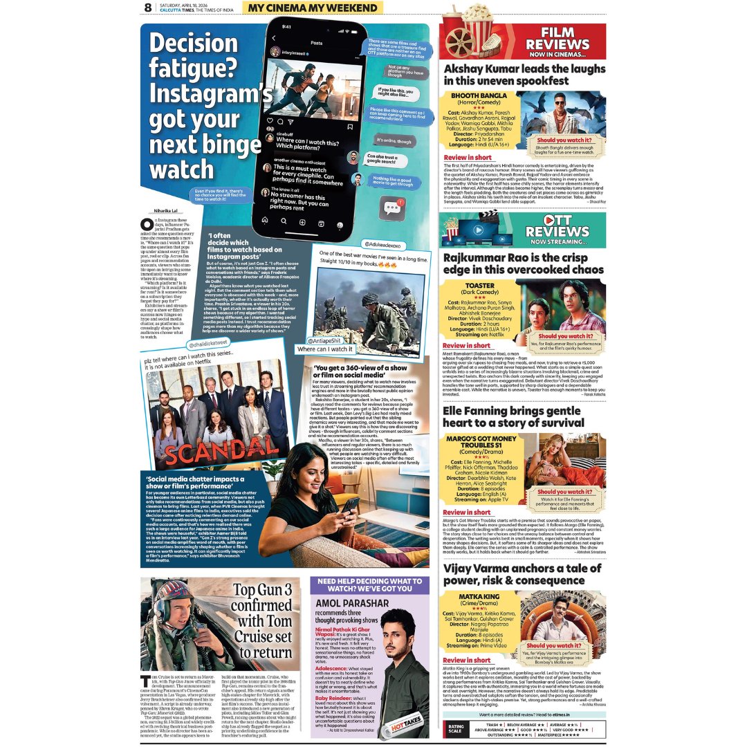 Calcutta_Times's tweet image. 🎬 Weekend binge plans? Sorted!

From must-watch #OTT picks to celeb-approved gems and hot takes from #Bollywood to beyond — your ultimate watchlist starts here! 🍿✨

#MovieReviews #WeekendVibes #WhatToWatch