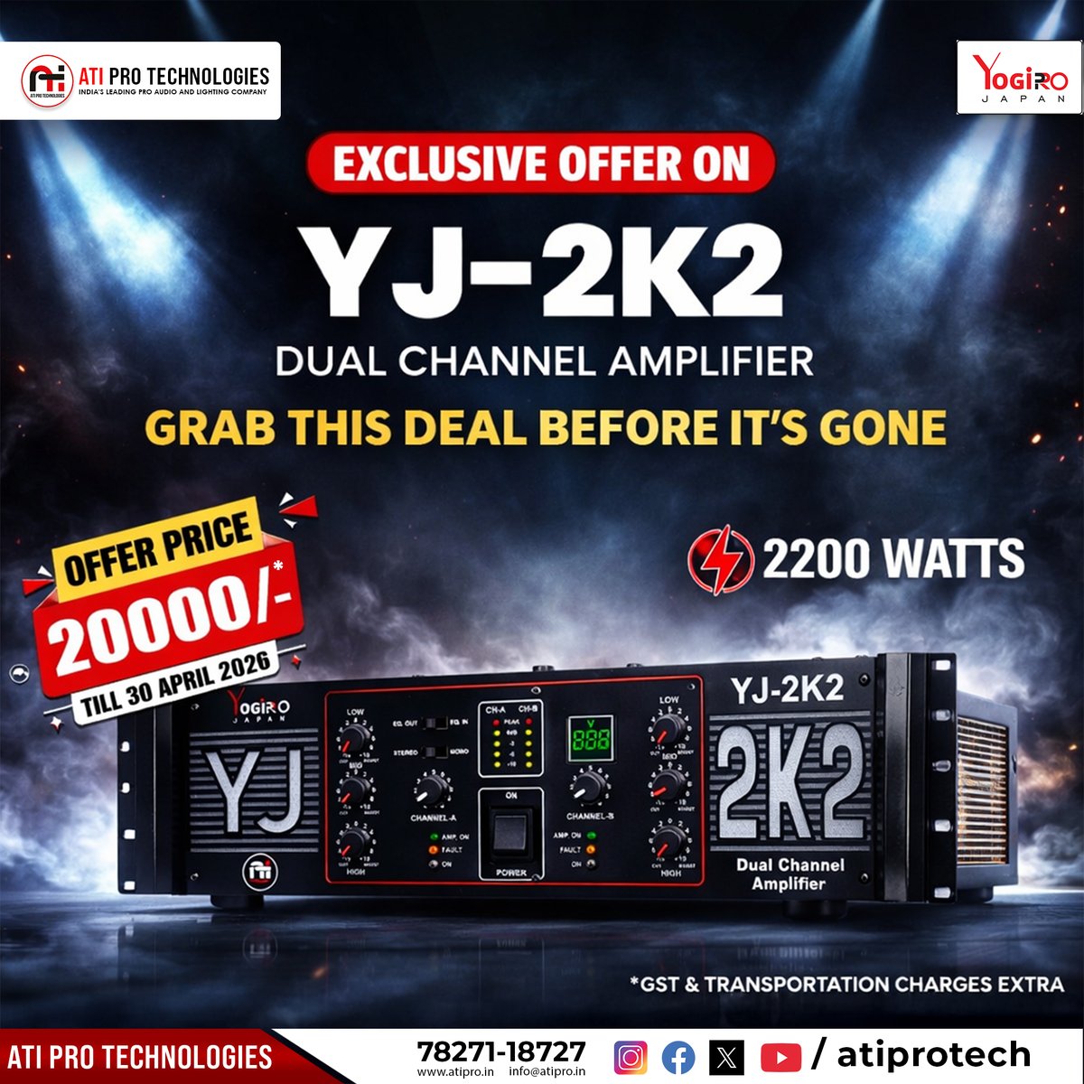 atiprotech's tweet image. 🚨 Deal Alert!

YJ-2K2 Amplifier 🔊
2200W Power ⚡
💰 ₹20,000/-
⏳ Till 30 April 2026

Don’t wait. Grab it now!
#ATIPRO #Amplifier #Deal #ProAudio