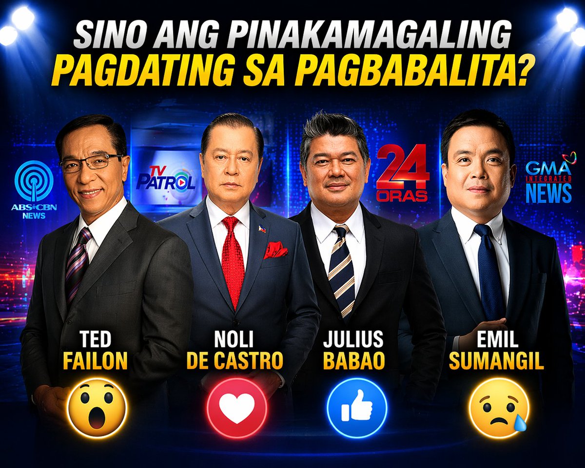 Create an image. Sino ang pinakamagaling pagdating sa pagbabalita? 
Ted Failon 😮 
Noli De Castro ❤️ 
Julius Babao 👍 
Emil Sumangil 🥲