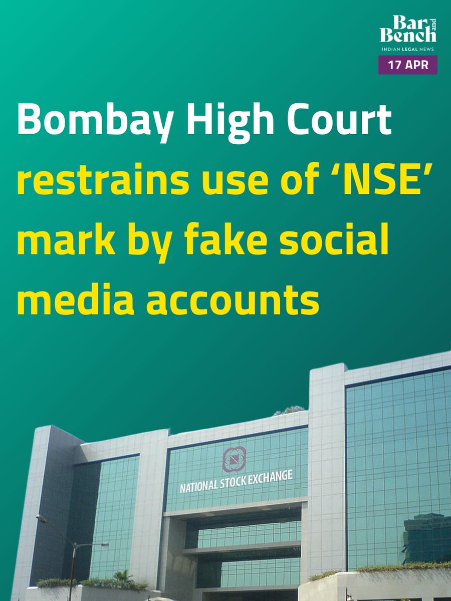 barandbench's tweet photo. Bombay High Court restrains use of ‘NSE’ mark by fake social media accounts

Read here: https://t.co/in5NrxRNsY https://t.co/KAGalzqHZ6