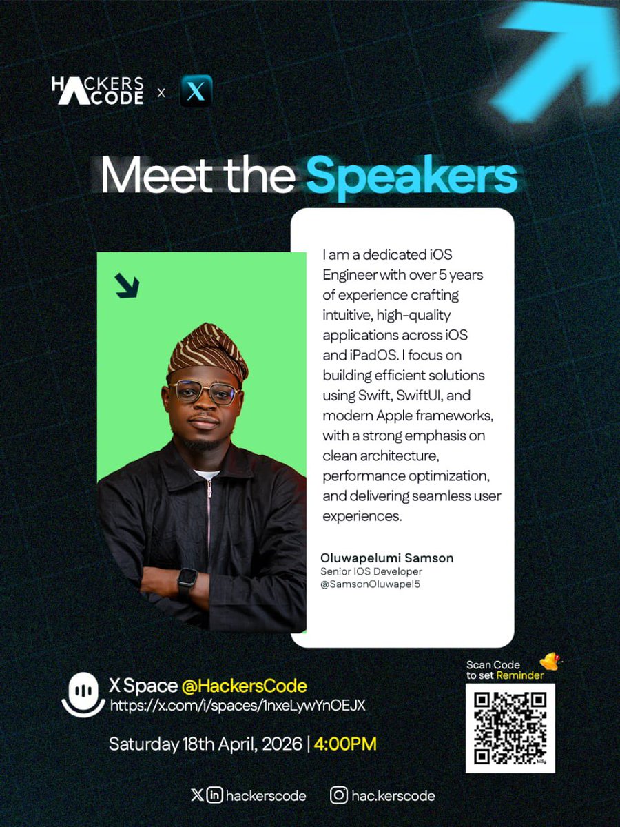HackersCode's tweet image. Who’s building for iOS? This one’s for you.

@SamsonOluwapel5 is joining Hacker’s Code on X Space.

If you’re building, learning, or making decisions in mobile, this is worth your time. No fluff.

Live on X (Twitter) Space — x.com/i/spaces/1nxeL…

#MobileDevelopment