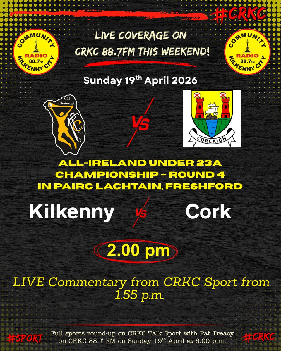 CRKC1's tweet photo. Join CRKC Sport on Sun. 19/4 at 2.00 p.m. for LIVE coverage of the All-Ireland U23A Camogie Championship - Kilkenny v Cork - from Pairc Lachtain, Freshford @CRKC1 @crkcssport @treacy_pat @nickeybrennan @liam_kor @TMills87 https://t.co/OtBrPJfsWS