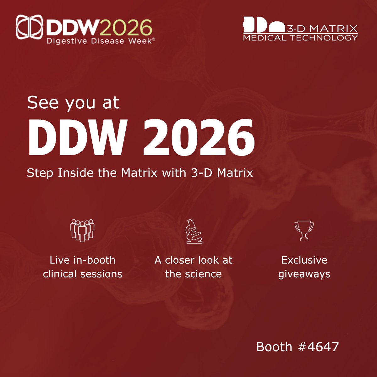 3DMatrixNA's tweet photo. What's waiting for you at the 3-D Matrix booth?

🧪Science
🔬Innovation
🎁And a giveaway worth stopping by for! 

#DDW2026 | Booth #4647 https://t.co/vYLcfaWblv
