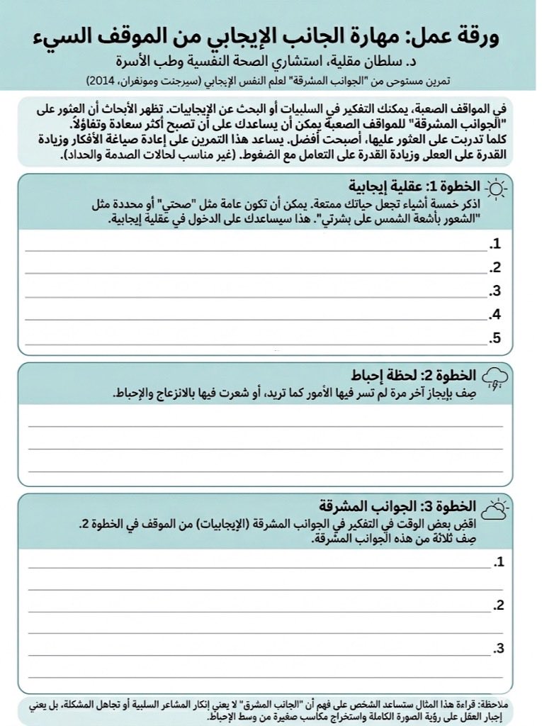sultan_magliah's tweet photo. هل يحدث معك أن موقف سيئ واحد يفسد يومك كله، ويسيطر على تفكيرك ومزاجك لساعات أو أيام؟

ماذا لو كان بإمكانك أن ترى الجانب الإيجابي في نفس الموقف السيء، دون إنكار الألم أو تجاهله؟

> احفظ التغريدة وارجع إليها كلما واجهت موقفًا صعبًا <

📍ورقة عمل: مهارة الجانب الإيجابي من الموقف السيء

هذه الورقة (مستوحاة من الجوانب المشرقة في علم النفس الإيجابي) تساعدك على تدريب عقلك على استخراج الإيجابيات من التجارب الصعبة، مما يقلل شدتها ويزيد قدرتك على التحمل والنمو.

كيف تفيدني هذه الورقة؟
- تعلمك خطوات عملية لتحويل نظرتك للمواقف السلبية دون إنكار الواقع.  
- تدربك على النظر إلى الجانب المشرق بطريقة واقعية وصادقة.  
- تساعدك على تقليل الضغط النفسي والتوتر الناتج عن الأحداث الصعبة.  
- تزيد من مرونتك العاطفية وقدرتك على التعافي السريع.

كيف أستخدمها؟
1. الخطوة الأولى: اكتب موقفًا سيئًا حدث معك مؤخرًا.  
2. الخطوة الثانية: صف ما حدث بالتفصيل (ما شعرت به، ما فكرت فيه).  
3. الخطوة الثالثة: ابحث عن الجوانب الإيجابية أو الدروس المستفادة من هذا الموقف (حتى لو كانت صغيرة).

نصائح مهمة:
- لا تنكر المشاعر السلبية... الهدف هو توسيع النظرة لتشمل الجانب المشرق أيضًا.  
- مارس التمرين بانتظام، خاصة بعد مواقف صعبة، حتى يصبح عادة ذهنية.  
- يُفضل في البداية تطبيق الورقة مع معالجك النفسي لتتعلم كيف تستخرج الإيجابيات بطريقة متوازنة.

هذه المهارة لا تنفي الصعوبة... بل تضيف إليها منظورًا يساعدك على النمو والشفاء.  

جربها على موقف واحد حدث معك هذا الأسبوع، وستلاحظ فرقًا في طريقة تعاملك معه. 🌟