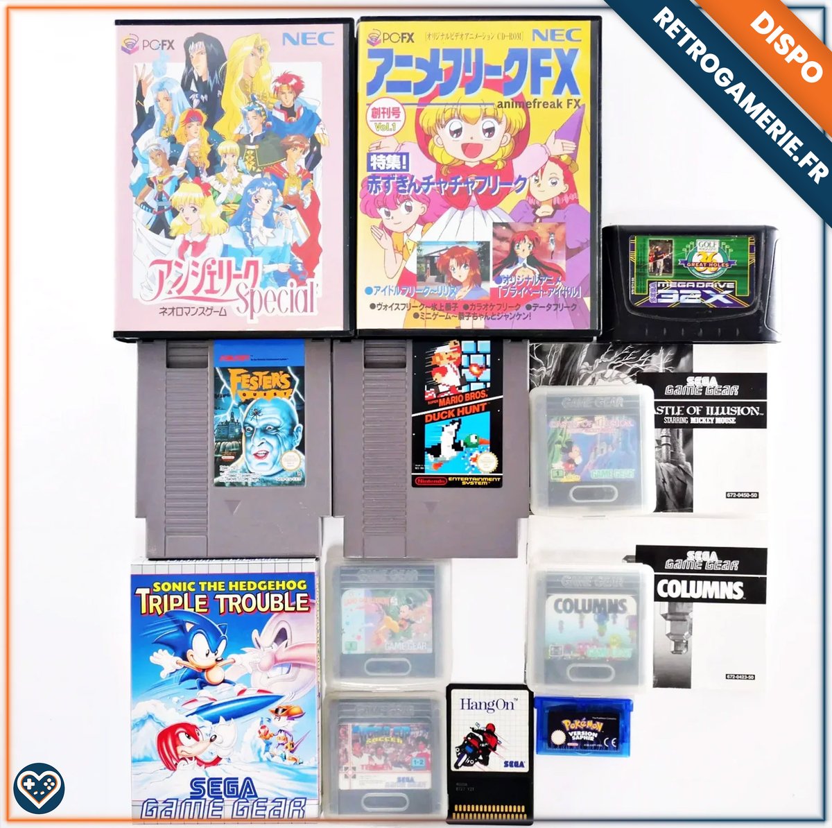 Retrogamerie's tweet image. 🆕 Arrivage #retrogaming !

#GameGear : Sonic triple Trouble, Castle of Illusion, Land of Illusion, Columns et Tengen World Cup Soccer
#NES : Fester's Quest et Super Mario Bros. + Duck Hunt
#GBA : Pokémon Saphir
#32X : 36 Great Holes Starring Fred Couples
#MasterSystem : Hang-On