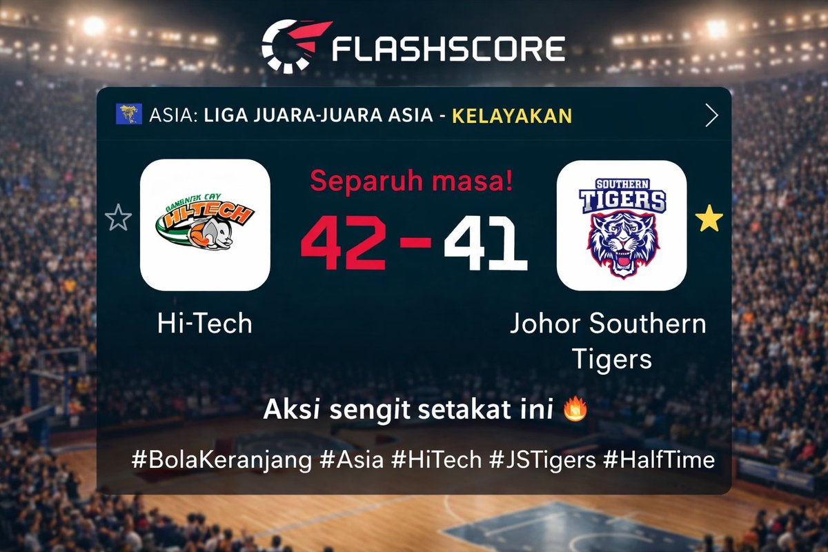 akmalarif90's tweet image. 🏀 Separuh masa!
Hi-Tech 42️⃣ - 4️⃣1️⃣ Johor Southern Tigers

Aksi sengit setakat ini 🔥

#BolaKeranjang #Asia #HiTech #JSTigers #HalfTime