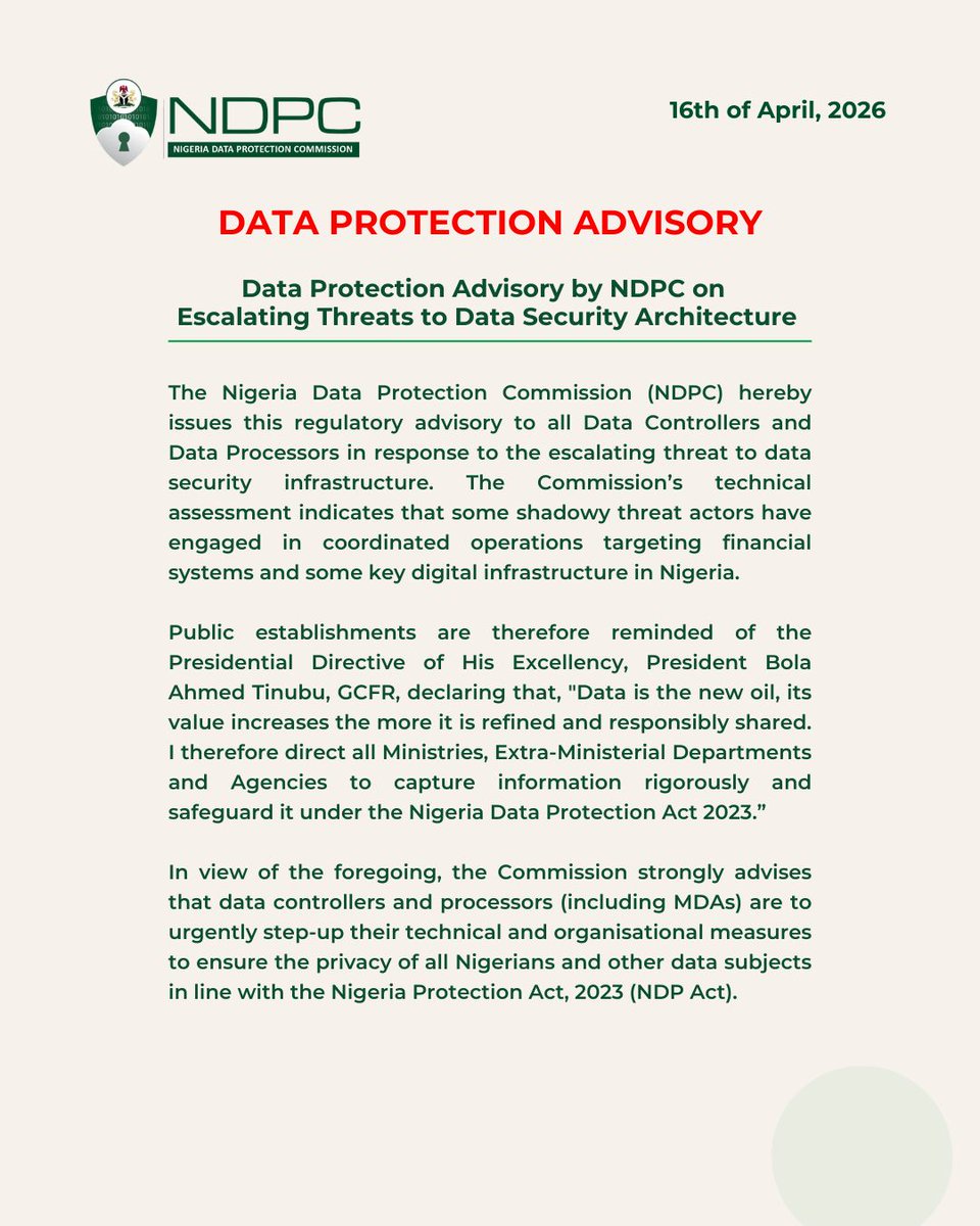 ndpcngr's tweet photo. Data Protection Advisory by NDPC  on Escalating Threats to Data Security Architecture https://t.co/iTNWDgR1rA