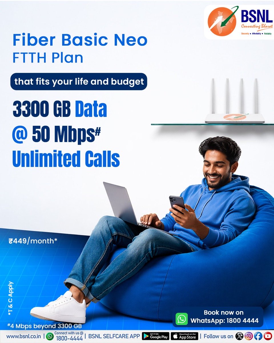 BSNLCorporate's tweet image. Get reliable fiber internet at just ₹449 with BSNL Fiber Basic Neo

Deal you can’t miss!
3300 GB data + Unlimited Calls 

*3300 GB Data @ 50 Mbps, beyond that 4 Mbps

Book your BSNL Fiber Basic Neo connection now on WhatsApp: 1800 4444

#BSNLIndia #FiberInternet #WorkFromHome