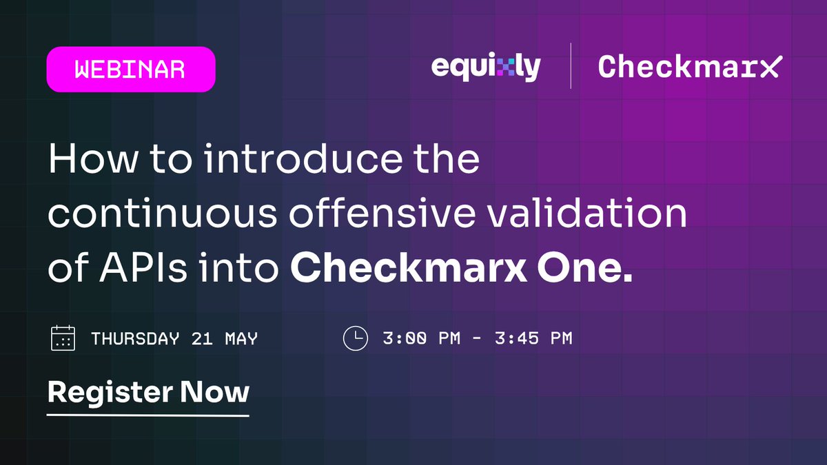 equixly's tweet photo. Join us and @Checkmarx as we discuss why modern appsec requires continuous security and how we empower Checkmarx customers with offensive validation of their APIs and application logic. 

Register here: https://t.co/p9r7GwQMKD

#APIsecurity #ApplicationSecurity #Checkmarx https://t.co/ne4XTEbISn