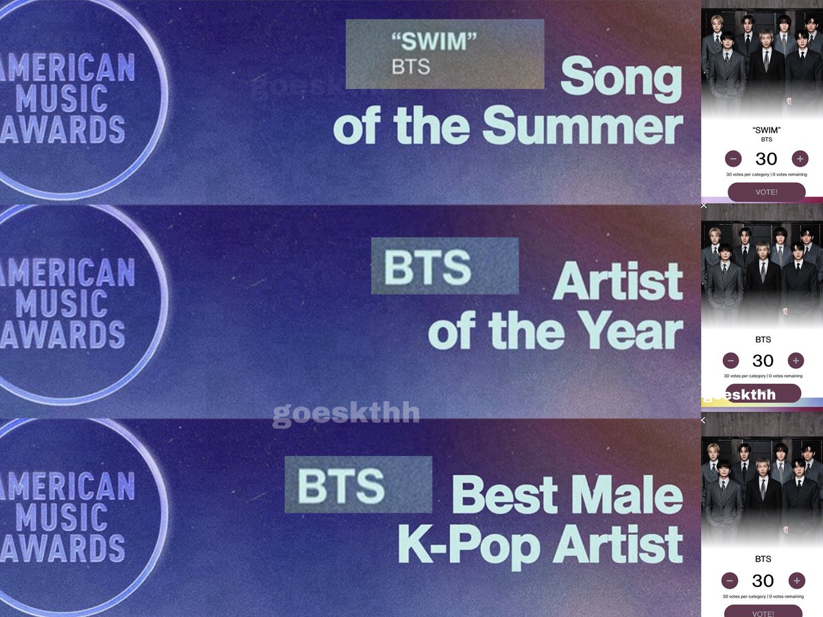 RECORDARLES QUE LA VOTACIÓN EN AMA YA REINICIÓ, VAYAN Y DEJEN SUS 30 VOTOS EN LA WEB EN LAS 3 CATEGORÍAS, NO SE OLVIDEN DE VOTAR EN IG, BTS SOLO TIENE A ARMY RECUERDEN SIEMPRE ESO.☺️
🔗vote.theamas.com
🔗b-cd.app/amas