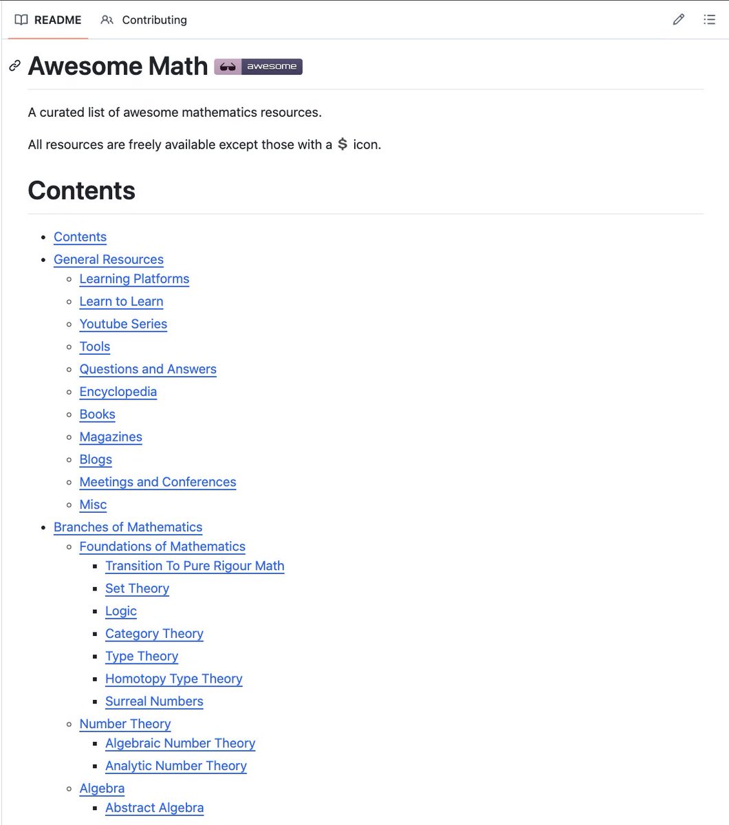 DeepTechTR's tweet image. 🚨 Arkadaşlar, matematik öğrenmek isteyenler için gerçekten sağlam bir kaynak buldum.

GitHub’da “Awesome Math” diye bir liste var. 14 binden fazla yıldız almış, yıllardır sürekli güncellenen bir kaynak havuzu.

İçinde ne yok ki:
- Cebirden geometriye, analizden olasılık ve