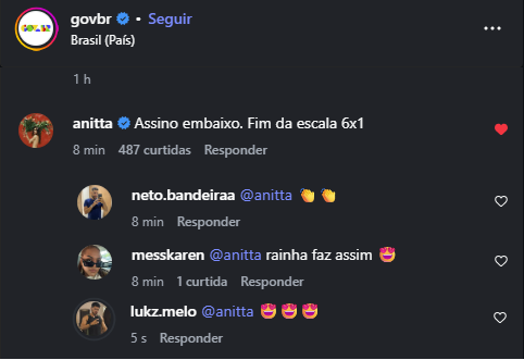 Cantora Anitta aderindo a campanha pelo fim da Escala 6X1.

BOLSA PATRÃO
6X NÃO É VIDA
NIKOLAS INIMIGO DO TRABALHADOR