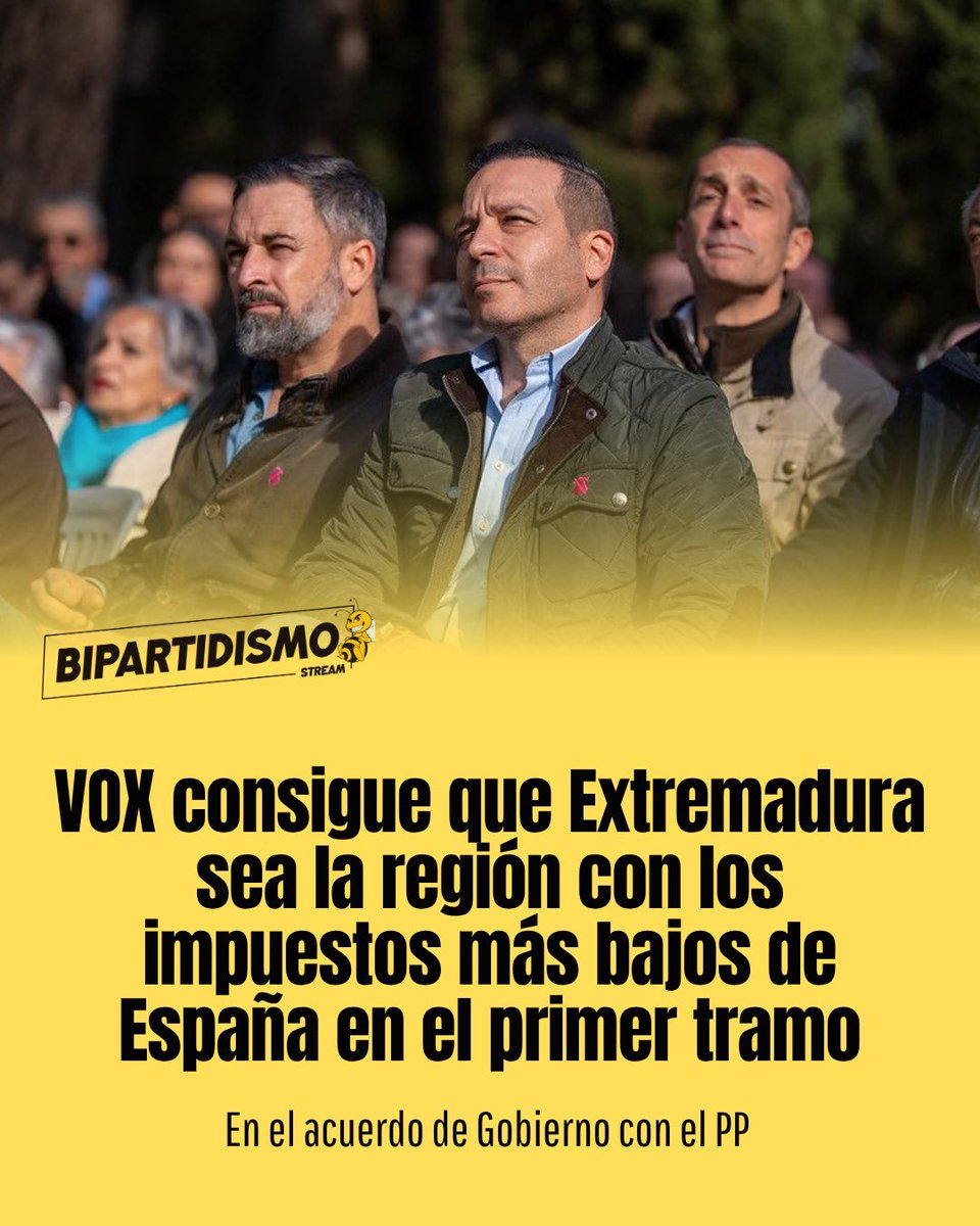 🔴VOX consigue que Extremadura sea la región con los impuestos más bajos de España en el primer tramo.

En el acuerdo de Gobierno con el PP.