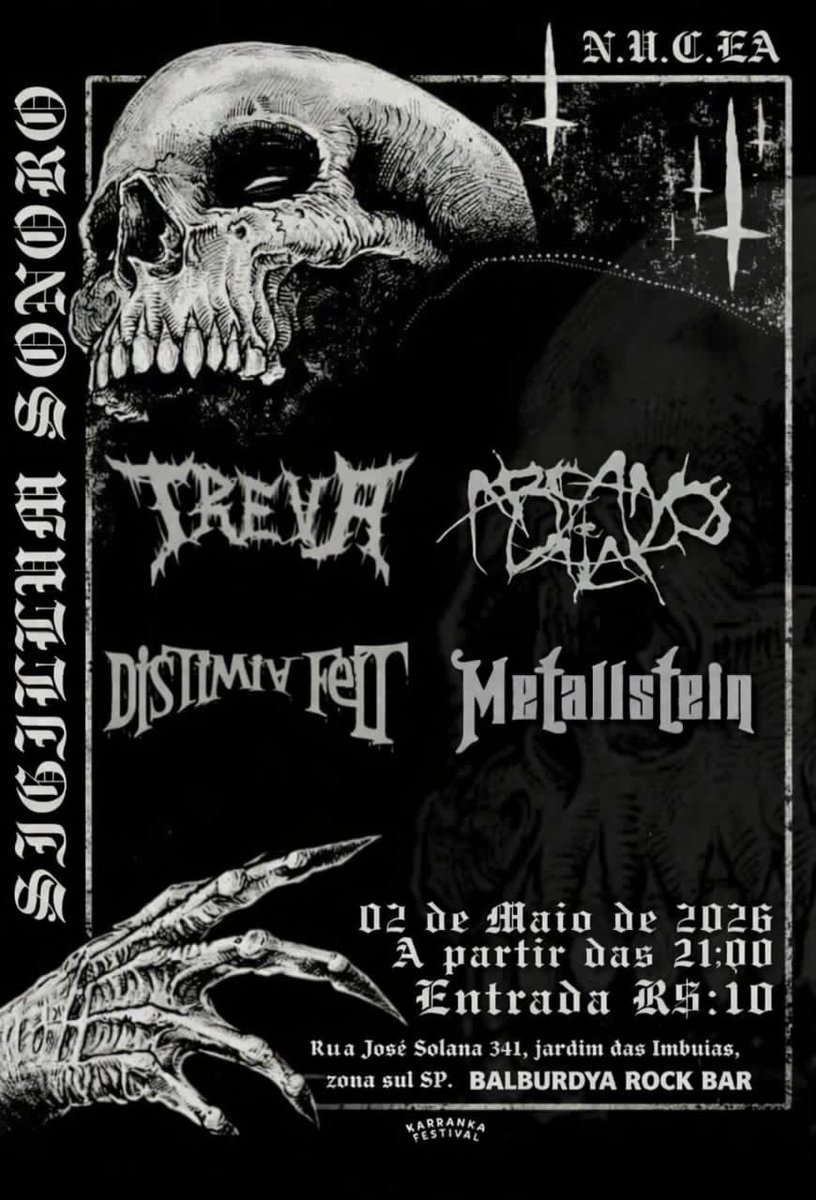 ⚠️ MUDANÇA EM SP! ⚠️
O festival Sigillum Sonoro com o #METALLSTEIN mudou para o Balburdya Rock Bar! 🤘💀

🗓️ 02/05 | 21h
💵 R$ 10,00 (na hora)

Confira o serviço completo e o cartaz aqui: sanguefrioproducoes.com/n/5987

#MetalExtremo #UndergroundSP