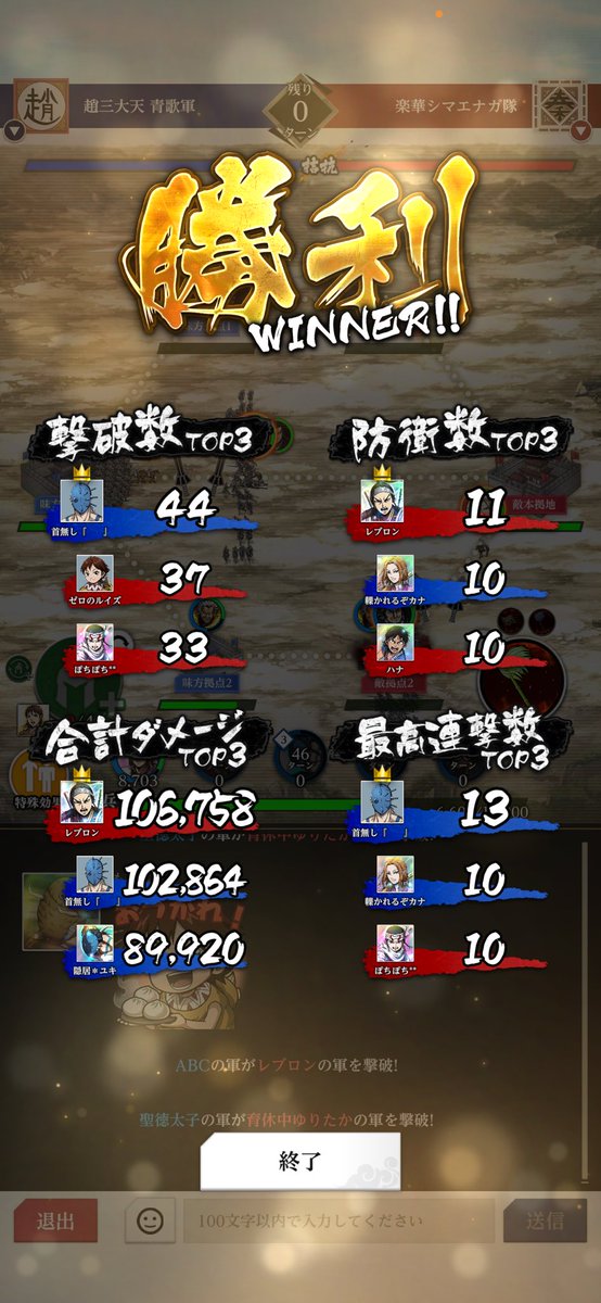 シマエナガの皆さん🕊️
対戦ありがとうございました🤜🫷

私の蒙恬様はルイズさんに轢き殺されたけど🚗
みんなが強すぎたなりー！！🔥

#キングダム頂天