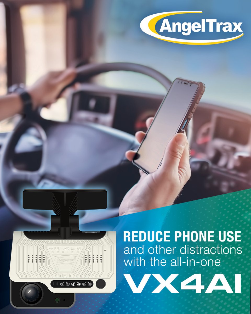 AngelTrax's tweet photo. A reminder this Distracted Driving Awareness Month: a 5-second text is like driving a football field blindfolded. Reduce distracted driving for your fleet with the AngelTrax all-in-one VX4AI using AI to detect phone use, seatbelts, following too closely and potential collisions. https://t.co/zxjNhtVeFm