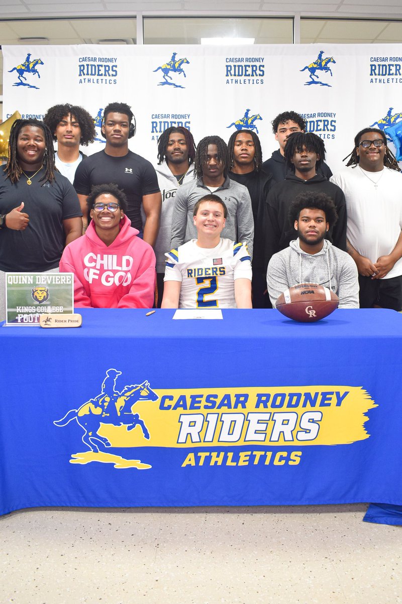 football_riders's tweet photo. Congrats to QB Quinn Deviere @deviere_quinn on signing with Kings College to continue your athletic and academic career! We’re so proud of you and we all look forward to your successes in the future! #WeAreCR🔵🟡 https://t.co/droebHMbNl