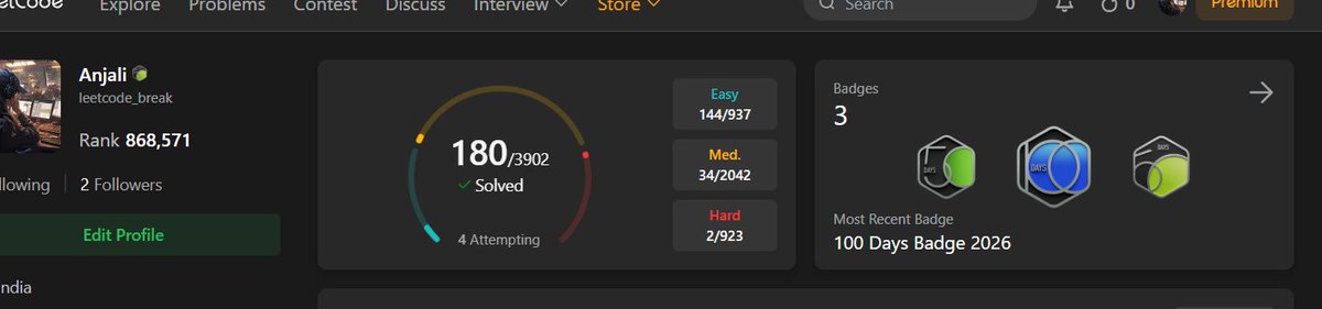 achieve71246717's tweet image. 180 problems down. No excuses. Just consistency.
Easy: 144
Medium: 34
Hard: 2
Rank: 868K → Next target: Top 100K.
#LeetCode #100DaysOfCode #CodingJourney #Consistency #DSA #CodingLife #Programmer #Tech #BuildInPublic #KeepGrinding
