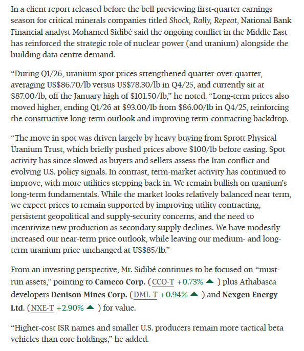 quakes99's tweet image. Finally!😃 National Bank has broken the long period of analyst silence on #Uranium #mining #stocks today💥  reaffirming Outperform ratings &amp;amp; raising price targets as "ongoing conflict in the #MiddleEast has reinforced the strategic role of #Nuclear power and uranium"⬆️🎯⚛️⛏️🤠🐂