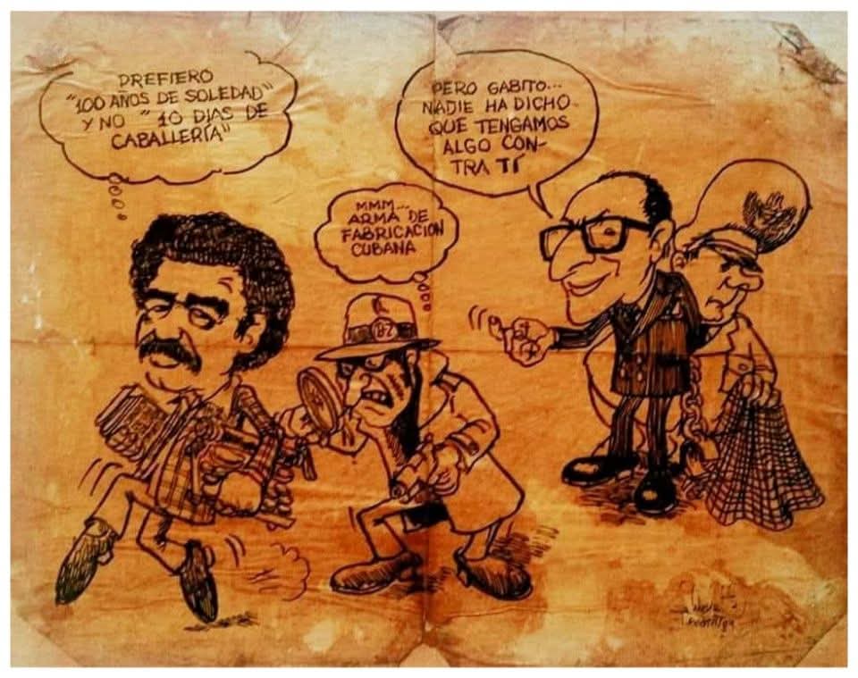 "El exilio de Gabo"

Carlos Duplat, La Picota, 1981.

En 1981, García Márquez tuvo que irse de Colombia para evitar caer en manos del Estatuto de Seguridad de Turbay —lo cuál significaba tortura y cárcel—, cuyo gobierno lo acusaba de tener nexos con el M-19.

#M19
#AbrilRebelde