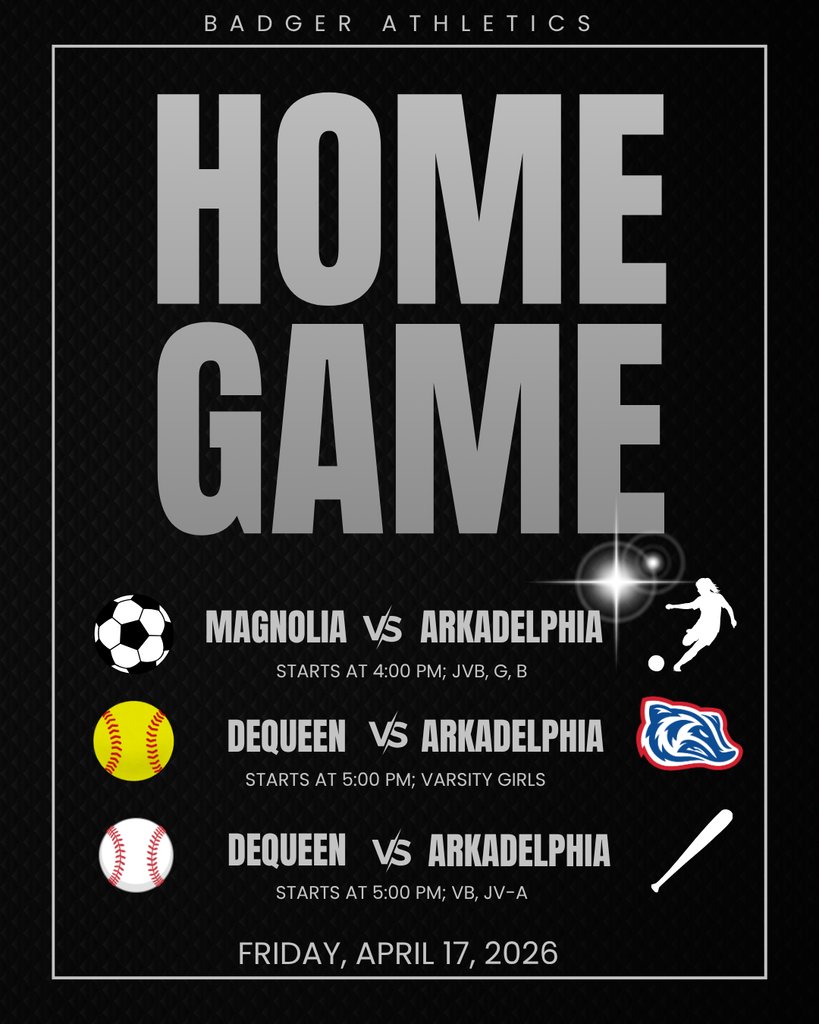 APSD_News's tweet image. Happy Friday!
Tonight is a great night to catch a Badger Athletic event!
Soccer hosts Magnolia at Badger Stadium.
Baseball and Softball host DeQueen at the Arkadelphia Sports Complex.
Come cheer on our Badgers!
#BadgerPride