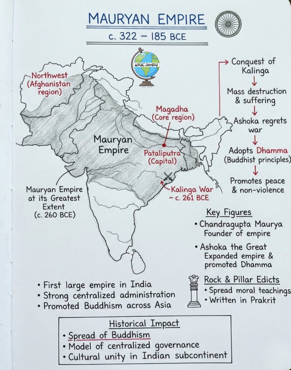 UPSC_Maps_'s tweet photo. The Mauryan Empire was one of the largest and most powerful empires in ancient India. It existed roughly from 322 BCE to 185 BCE.
Founder:
The empire was founded by Chandragupta Maurya after overthrowing the Nanda dynasty.
#mauryanempire https://t.co/mLYpR8iYZx