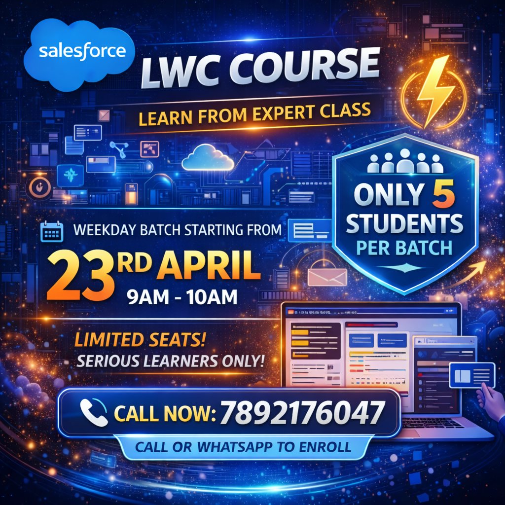 LearnFrmExperts's tweet image. 🚀 Become a #LWC Developer

📅 23 April | ⏰ 9AM–10AM
👨‍🏫 Expert Trainer
👥 Only 5 per batch
💻 Learn Salesforce UI Development
⚠️ Serious learners only
📲 7892176047

#Salesforce #WebDevelopment #TechCareers #Coding