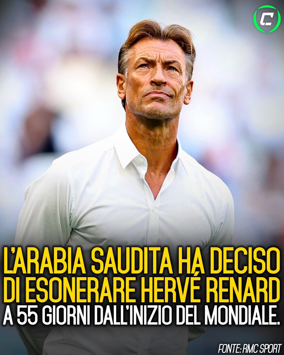 CronacheTweet's tweet photo. Decisione a sorpresa dell’Arabia Saudita: esonerato il ct a meno di due mesi dall’inizio del Mondiale 🤯

Come racconta RMC Sport, Hervé Renard è stato sollevato dall’incarico di commissario tecnico dopo le sconfitte in amichevole di marzo contro Egitto e Serbia. Non è ancora noto chi lo sostituirà e condurrà l’Arabia Saudita al prossimo Mondiale 🇸🇦

Renard salterà così la prima Coppa del Mondo dopo 8 anni: nel 2018 ha partecipato con il Marocco e nel 2022 proprio con l’Arabia Saudita, con la quale ha battuto l’Argentina di Messi all’esordio 👀