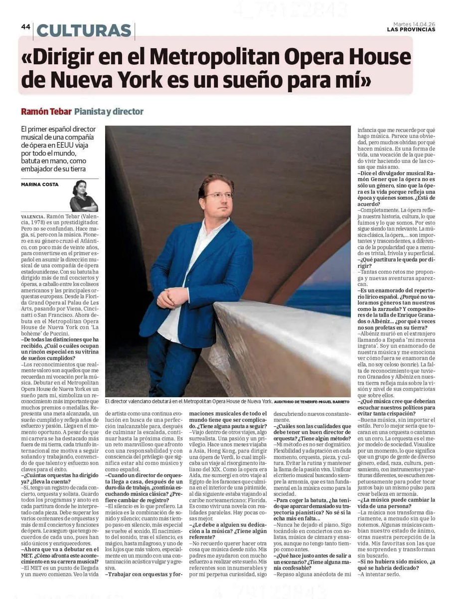 jrtebar's tweet image. Grateful to be featured in @lasprovincias Reflecting on my journey, roots, and the honor of performing at @MetOpera . Thank you to the music, the audiences, and everyone part of this path. 🙏🎶
#RamonTebar #ClassicalMusic #OperaLife #MetOpera #ArsisArtists