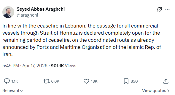 Statements from President of US Trump &amp; FM of Iran Abbas Araghchi : Strait of Hormuz open for all shipping traffic till the duration of current ceasefire.