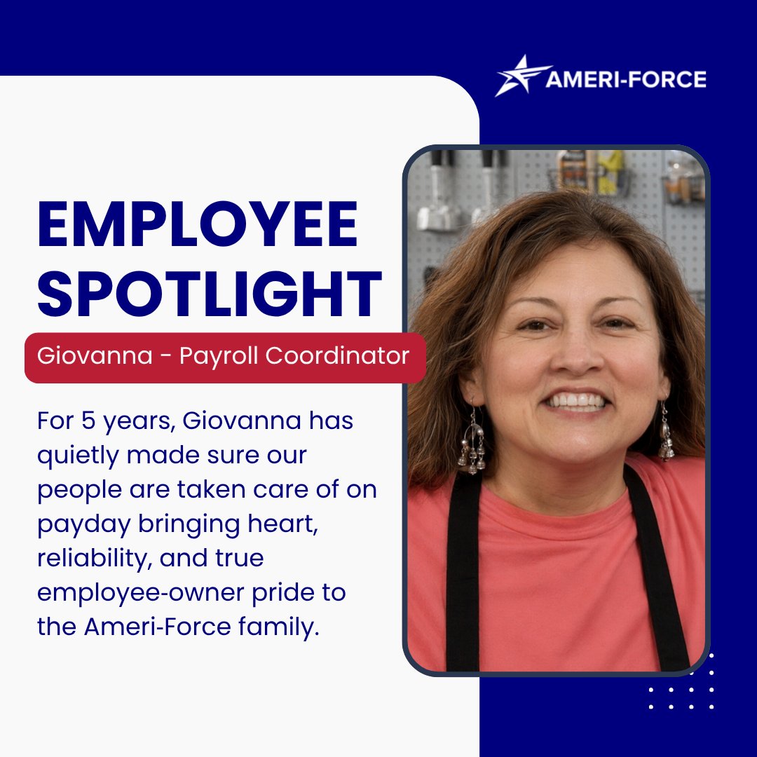 AmeriForce_Recr's tweet image. 🌟 Employee Spotlight — Giovanna 🌟

Celebrating 5 years with Ameri‑Force! Giovanna keeps our people paid accurately and on time — and brings true family‑style care to our team every day.

#AmeriForce #EmployeeSpotlight #5Years